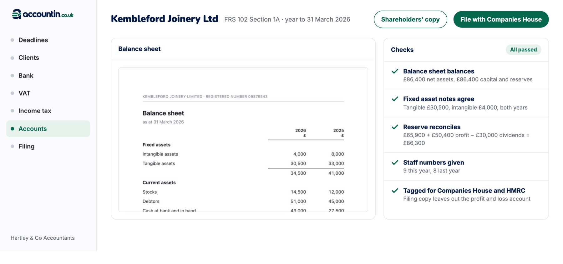 Year-end accounts screen showing the balance sheet and the checks passed before filing