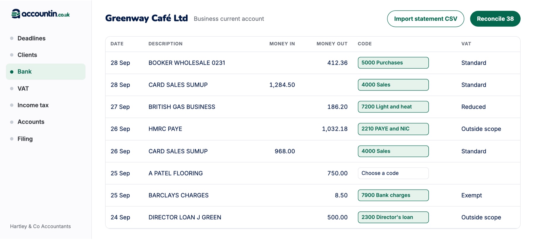 Bank reconciliation screen with suggested codes and VAT rates for each transaction